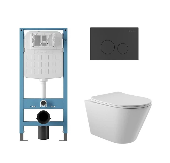 Комплект инсталляции Aqueduto Tecnica Novo с безободковым унитазом Cone белый глянец, клавиша смыва Circulo черная матовая