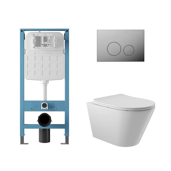 Комплект инсталляции Aqueduto Tecnica Novo с безободковым унитазом Cone белый глянец, клавиша смыва Circulo глянцевый хром