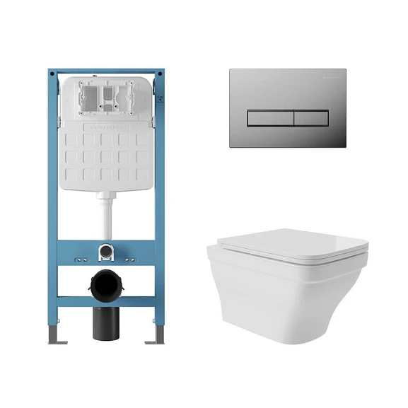 Комплект инсталляции Aqueduto Tecnica Novo с безободковым унитазом Esteta белый глянец, клавиша смыва Retangulo глянцевый хром