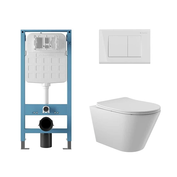 Комплект инсталляции Aqueduto Tecnica Novo с безободковым унитазом Cone белый глянец, клавиша смыва Quadrado белый глянец