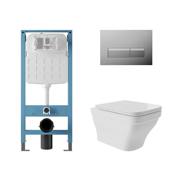 Комплект инсталляции Aqueduto Tecnica Novo с безободковым унитазом Esteta белый глянец, клавиша смыва Retangulo Novo глянцевый хром