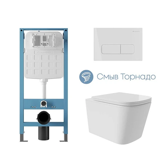 Комплект инсталляции Aqueduto Tecnica Novo с безободковым унитазом Macio Plus Tornado белый глянец, клавиша смыва Forma белый глянец