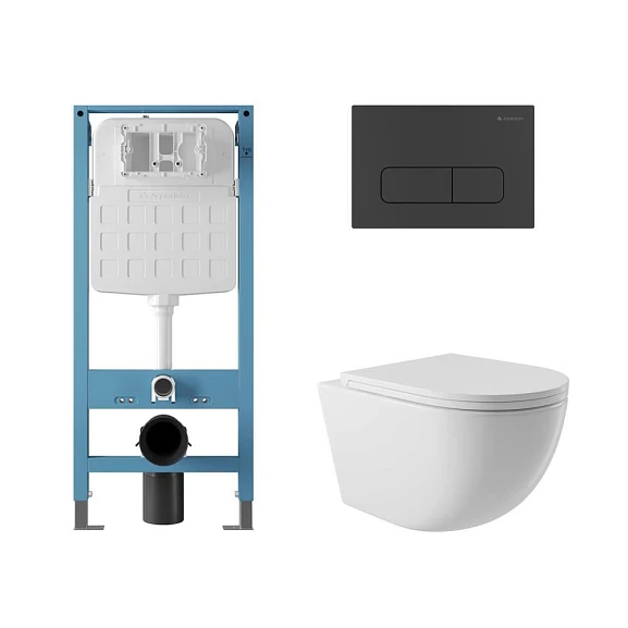 Комплект инсталляции Aqueduto Tecnica Novo с безободковым унитазом Ovo белый глянец, клавиша смыва Forma черная матовая