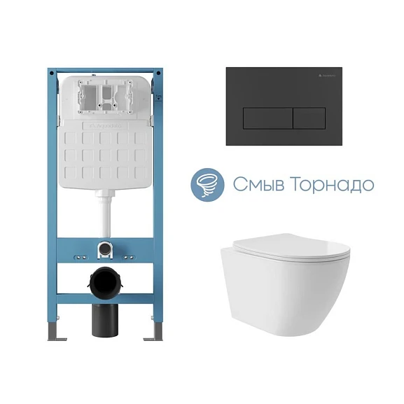 Комплект инсталляции Aqueduto Tecnica Novo с безободковым унитазом Ovo Plus Tornado белый глянец, клавиша смыва Retangulo Novo черная матовая