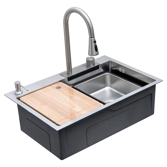Кухонная мойка Melana ProfLine 68*46 врезная прямоугольная сатин со смесителем, дозатором и коландерами