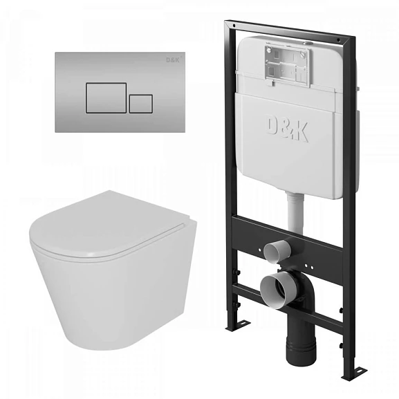 Комплект инсталляции D&K DI8055119 с безободковым унитазом Venice, клавиша смыва Quadro матовый хром