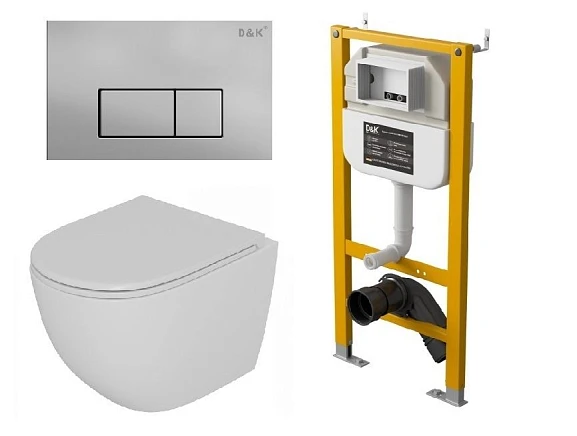 Комплект инсталляции D&K DI8050127 с безободковым унитазом Matrix, клавиша смыва Rhein матовый хром